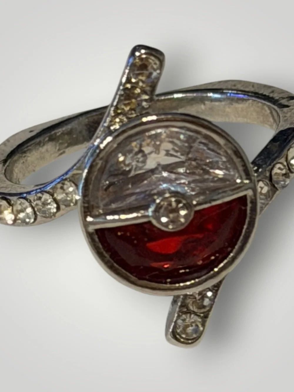 Poké Ball Inspired Rhinestone Statement Ring Silver Tone Red Size 6